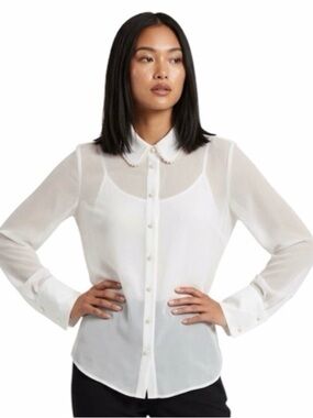 Rachel Zoe Pearl Collar Embellished/White Sheer Button-Up Blouse/ptp 21/like new